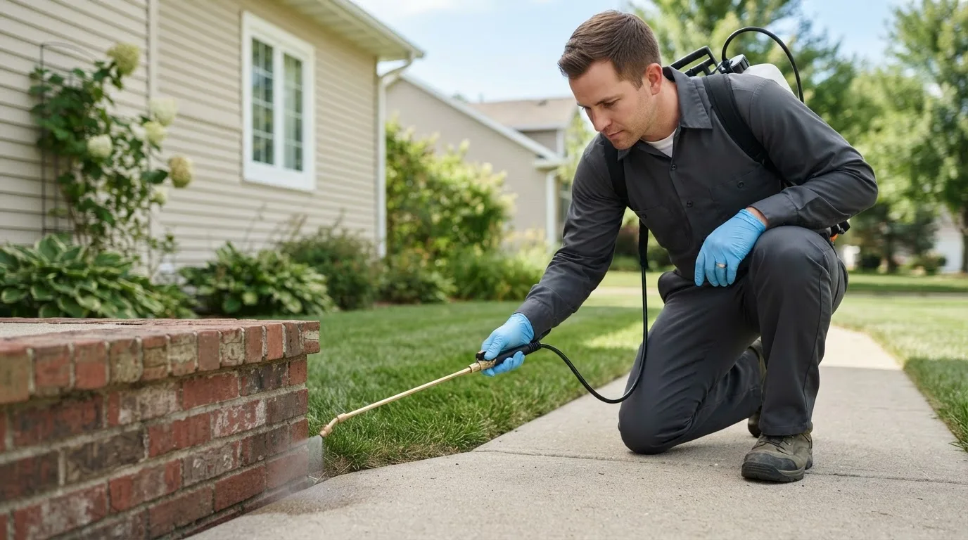 Pest control technician treating a home near Monroe City, MO