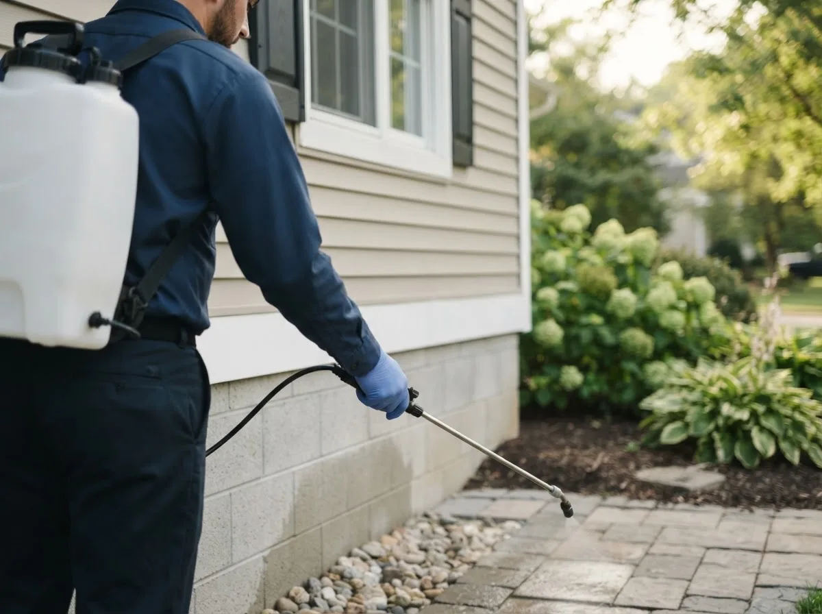 Pest control technician inspecting a home in Monroe City, MO